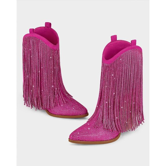 Women's Western Rhinestone Sparkly Fringe Chunky Heel Pointed Toe Ankle Boots - Picture 2 of 7